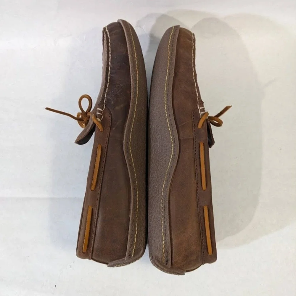 LL Bean Mens Leather Moccasin Slippers Brown Plaid Flannel Lined Size 12